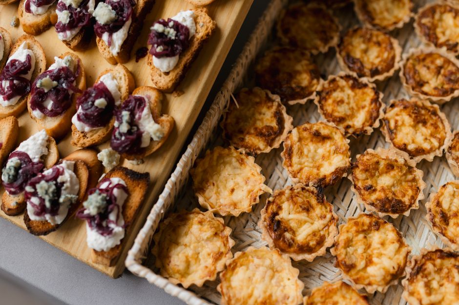 Elegant wedding catering display with gourmet appetizers